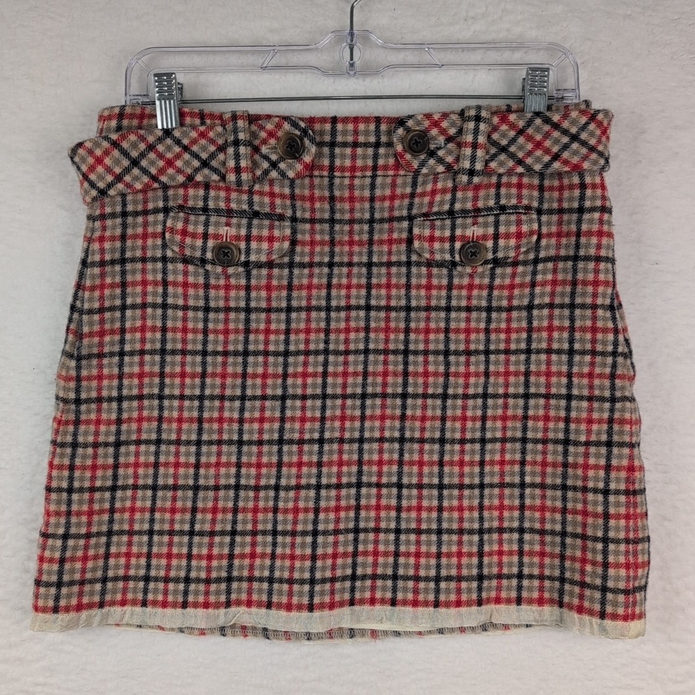 J. Crew Wool Mini Skirt Size 10 Lined Belted Red Black Tan Plaid Pockets